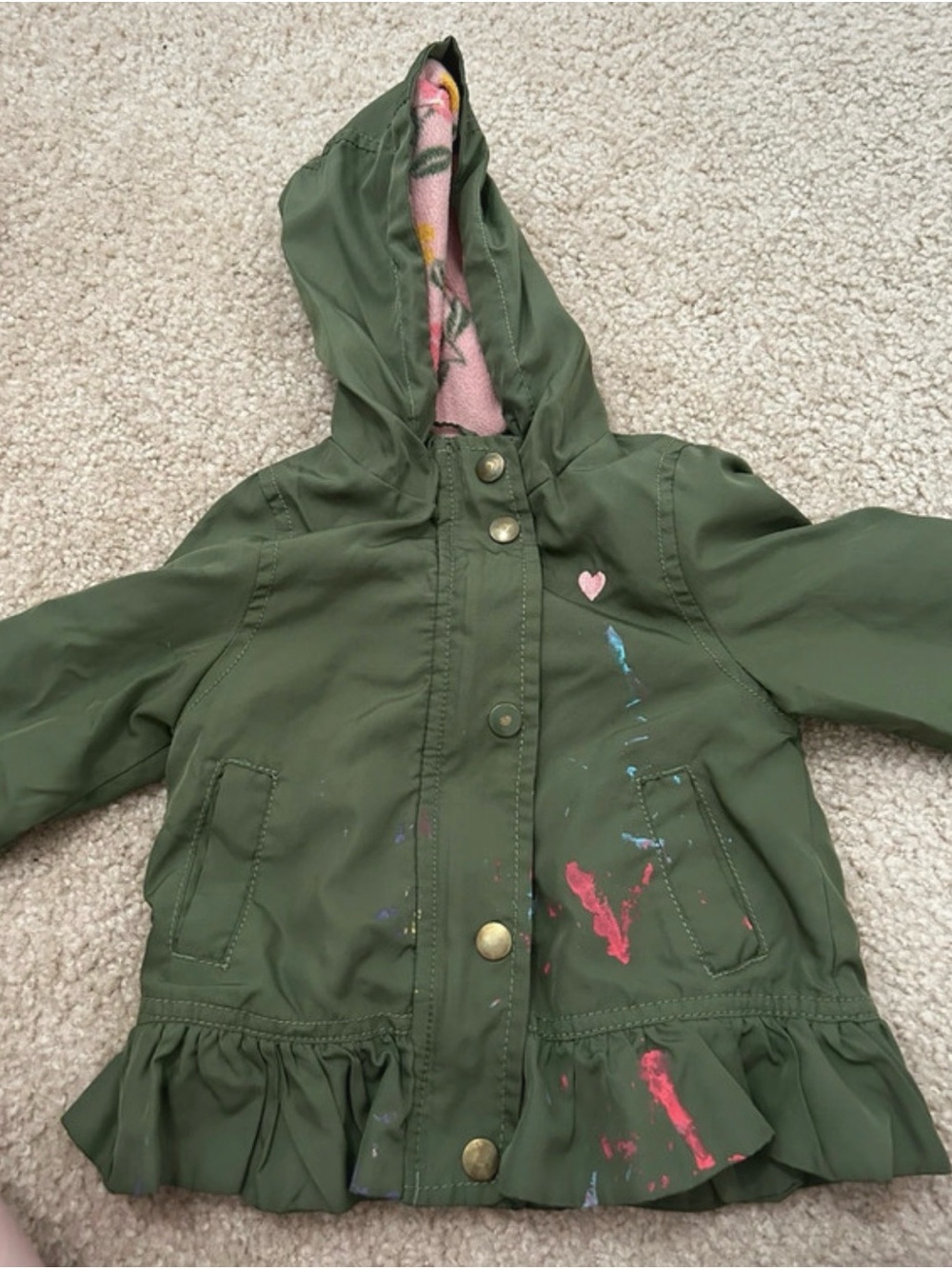 Carter's Olive Green Hooded Ruffle Hem Jacket with Pink Lining